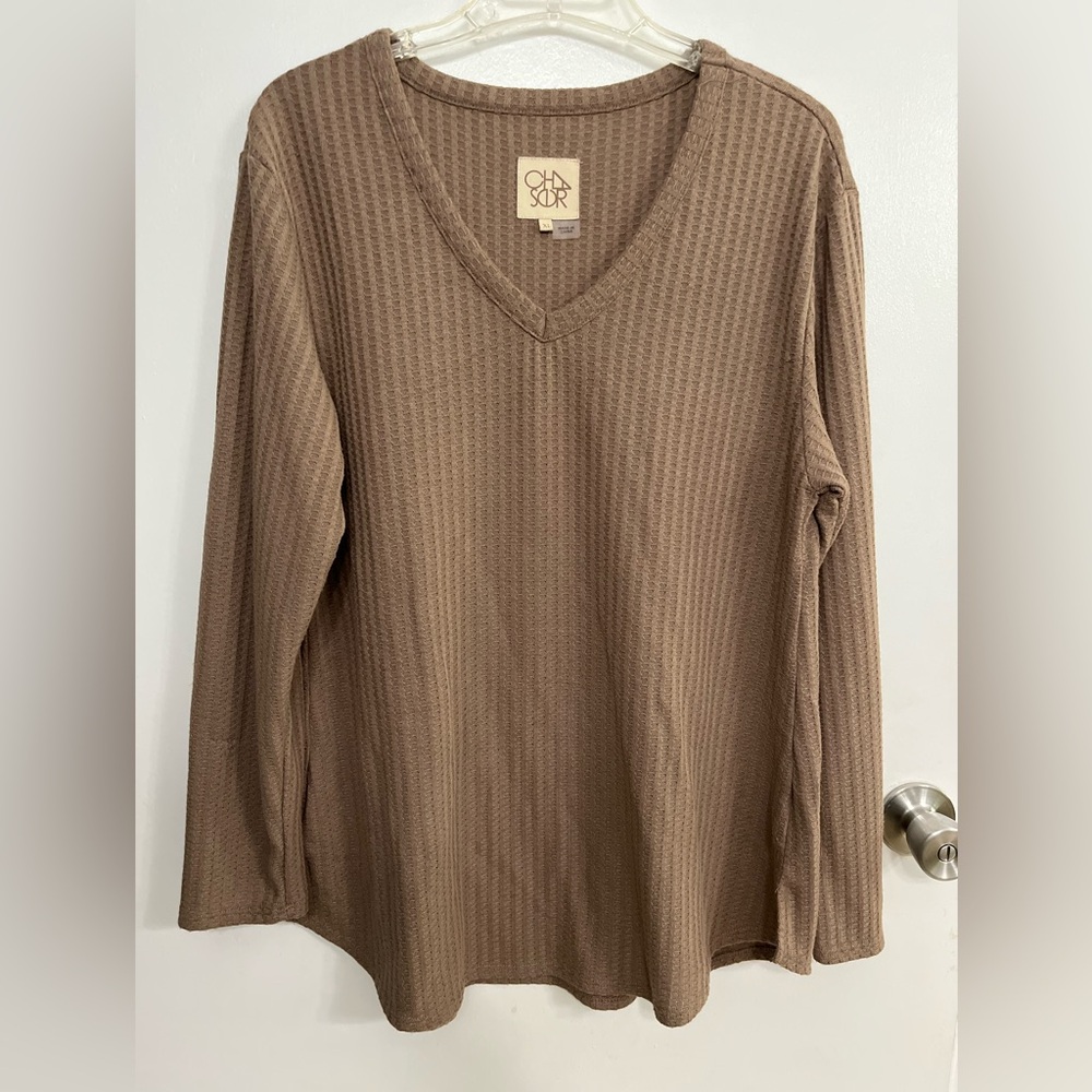 Chaser Waffle Knit V-Neck Long Sleeve Top, size XL